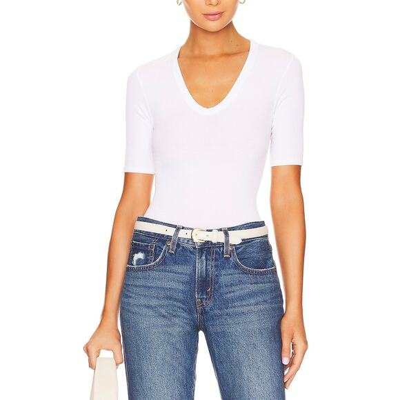 ENZA COSTA Silk Rib Half Sleeve U Neck Top Womens XS White Fitted Slim NEW - Picture 1 of 16